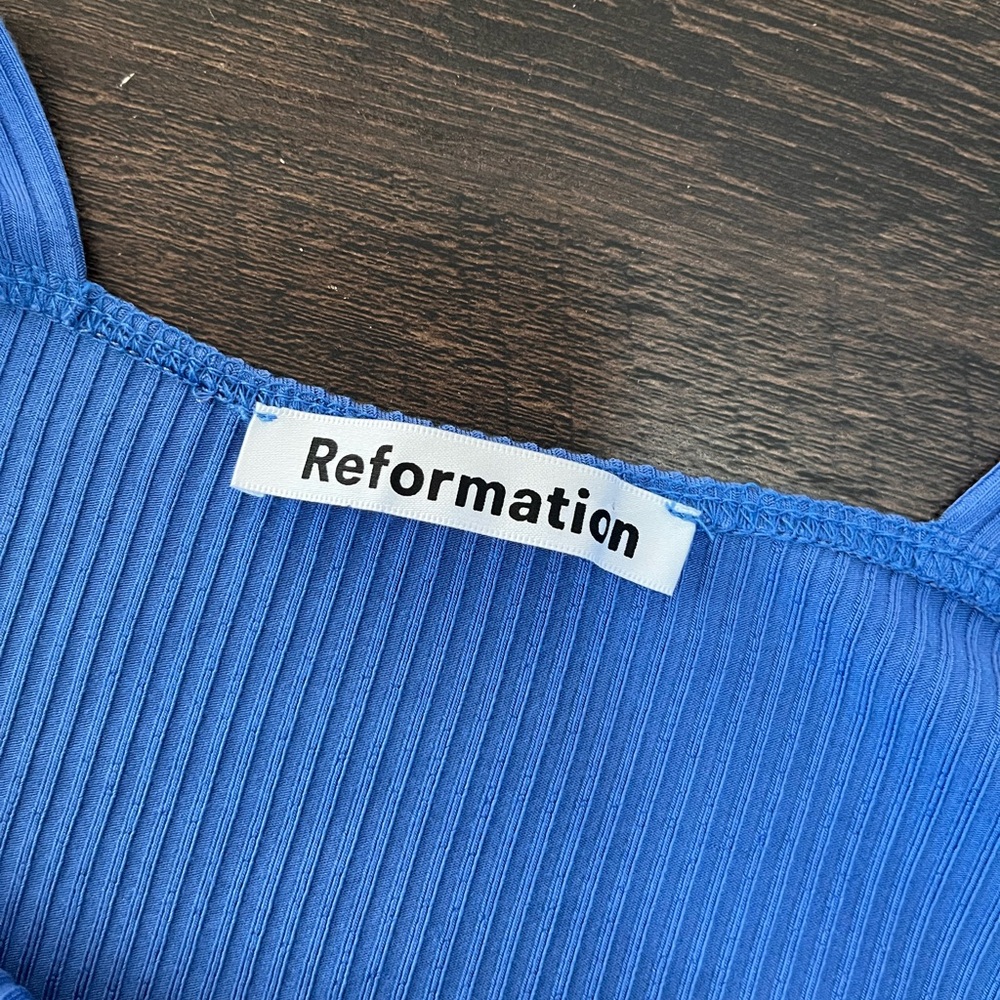 Reformation Cassi Blue Square Neck Fitted Eco-Rib lightweight Dress Sz small - Picture 5 of 10